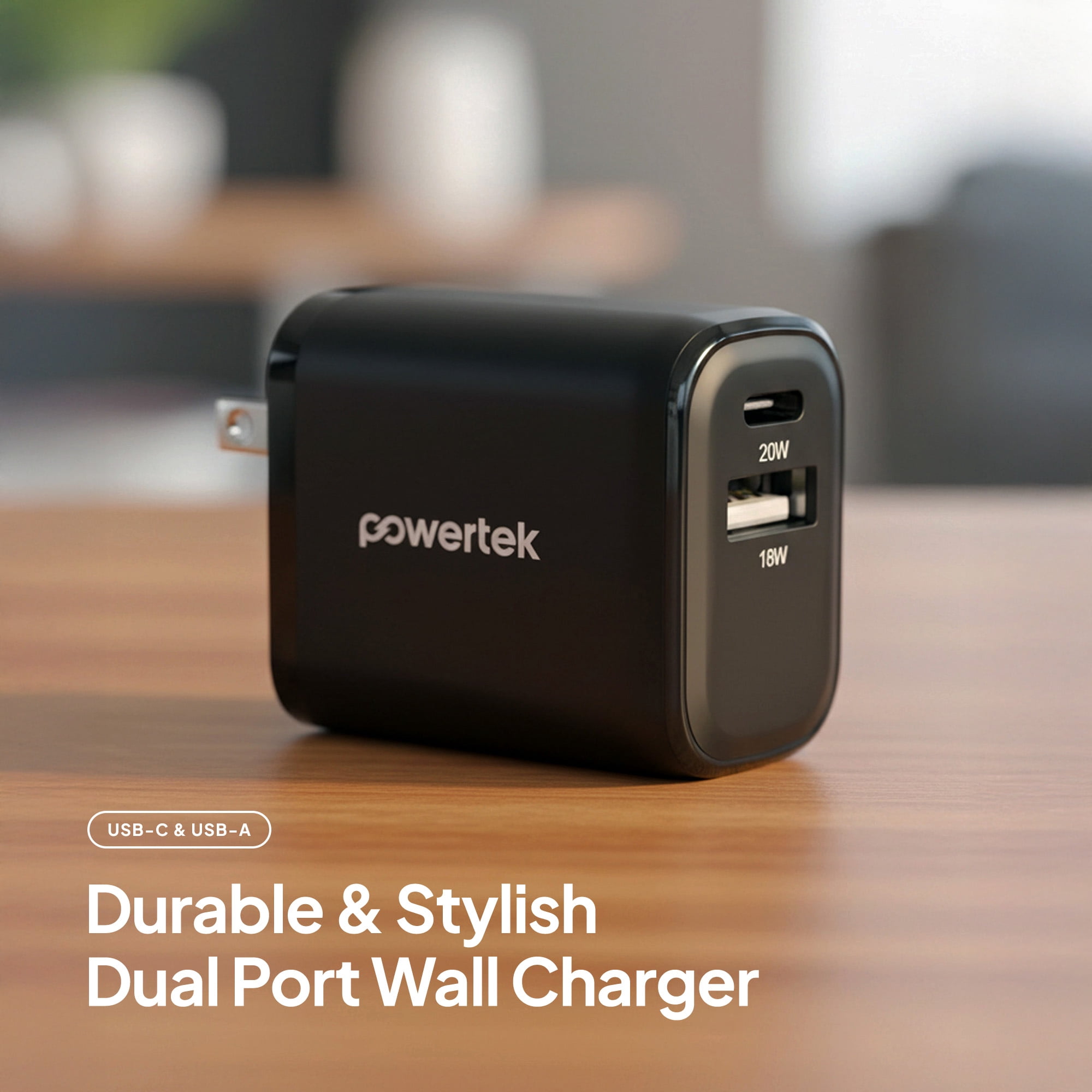 Powertek 20W USB-C PD + USB-A Dual Port Wall Charger, Black