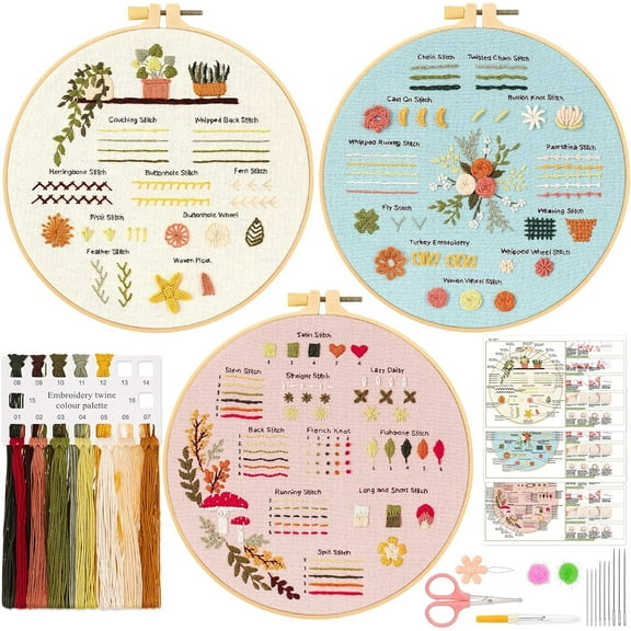 3 Pack Embroidery Kit for Beginners, Sewing Cross Stitch Practice Kit to Learn 30 Different Stitch, Flower Embroidery Starter Kit with Stamped Cloth Hoops Threads and Needles