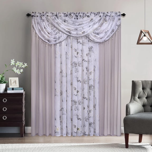 Plume D' Home Floral Curtain Panel Set with 3 Valances, Crystal Beads Attached 4-Piece 54"x 84" Cindy (Gray)