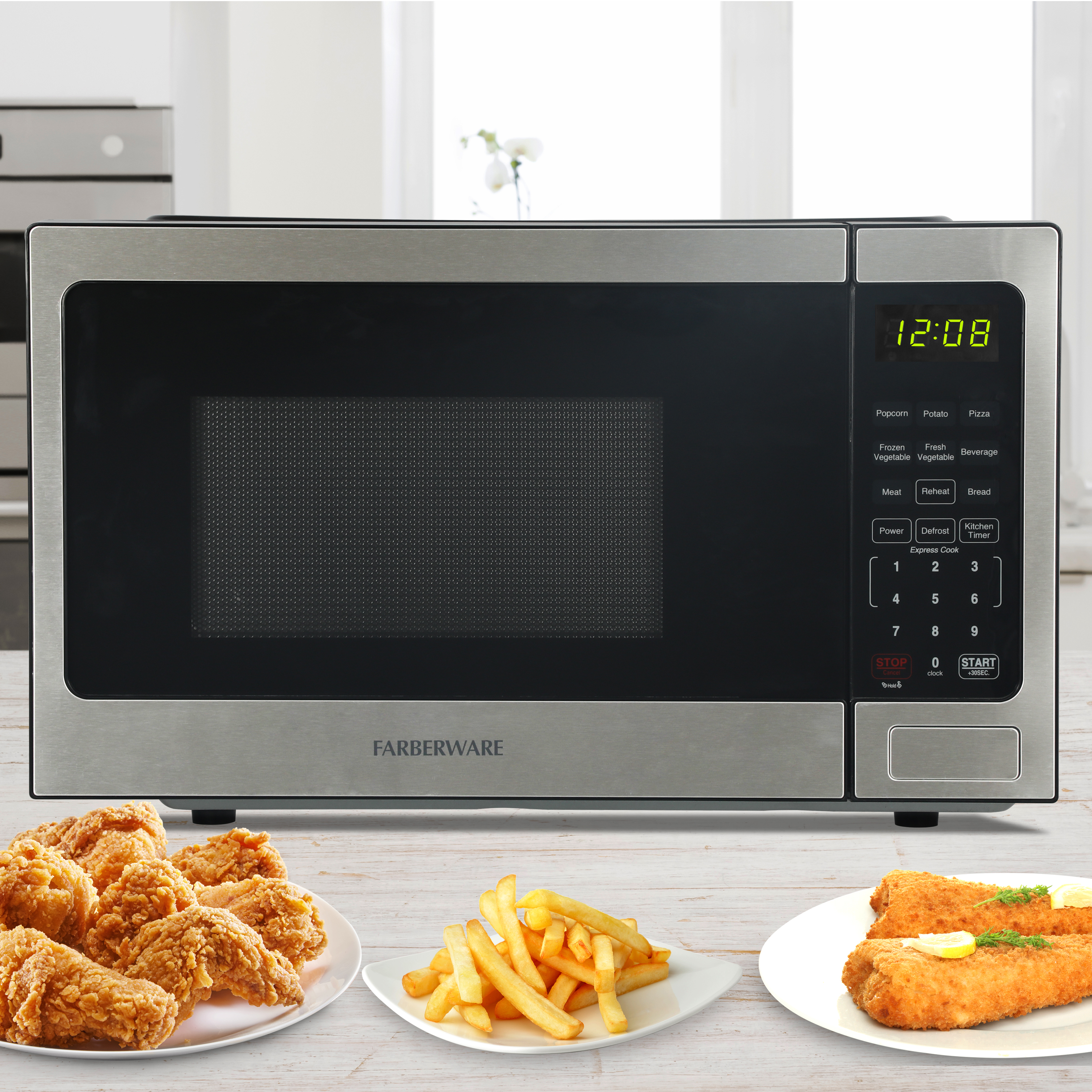 Farberware 0.9 cu ft Microwave Oven, 900W Countertop Microwave Oven with 8 Auto Cook Settings, Stainless Steel
