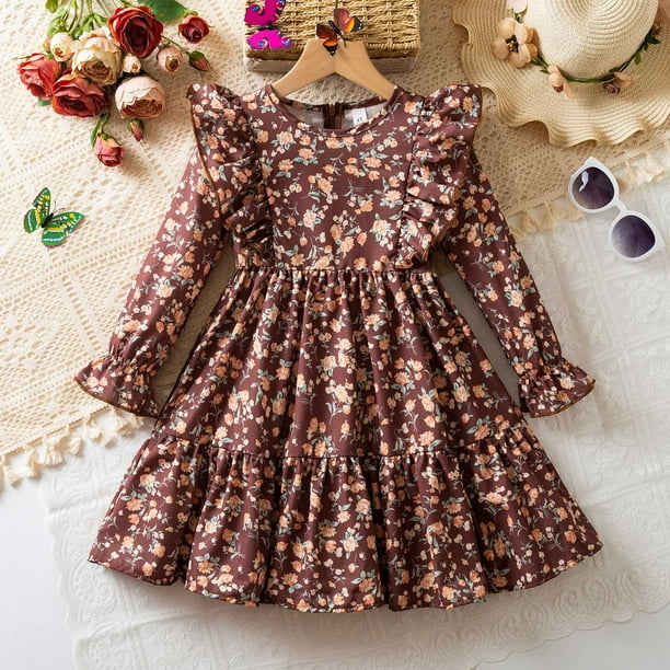young girl's long brown dress flowers short ruffled sleeves SHEIN Tween Girls' Casual Pink Floral V-Neck Ruffle Sleeve Belted A-Line Short Dress Bow Summer Sunday For Teens Girl Brown Dresses Girls Spot