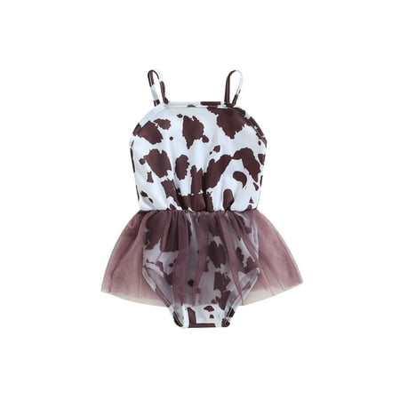 

Kids Girls Cute Romper Swimsuit Cow Spot Print Spaghetti Strap Sleeveelss Tulle Skirt Hem Sling Swimwear Bathing Suit