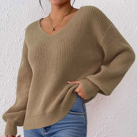 Tauxra Women's Solid Color V Neck Knit Sweater,Loose Casual Pullover