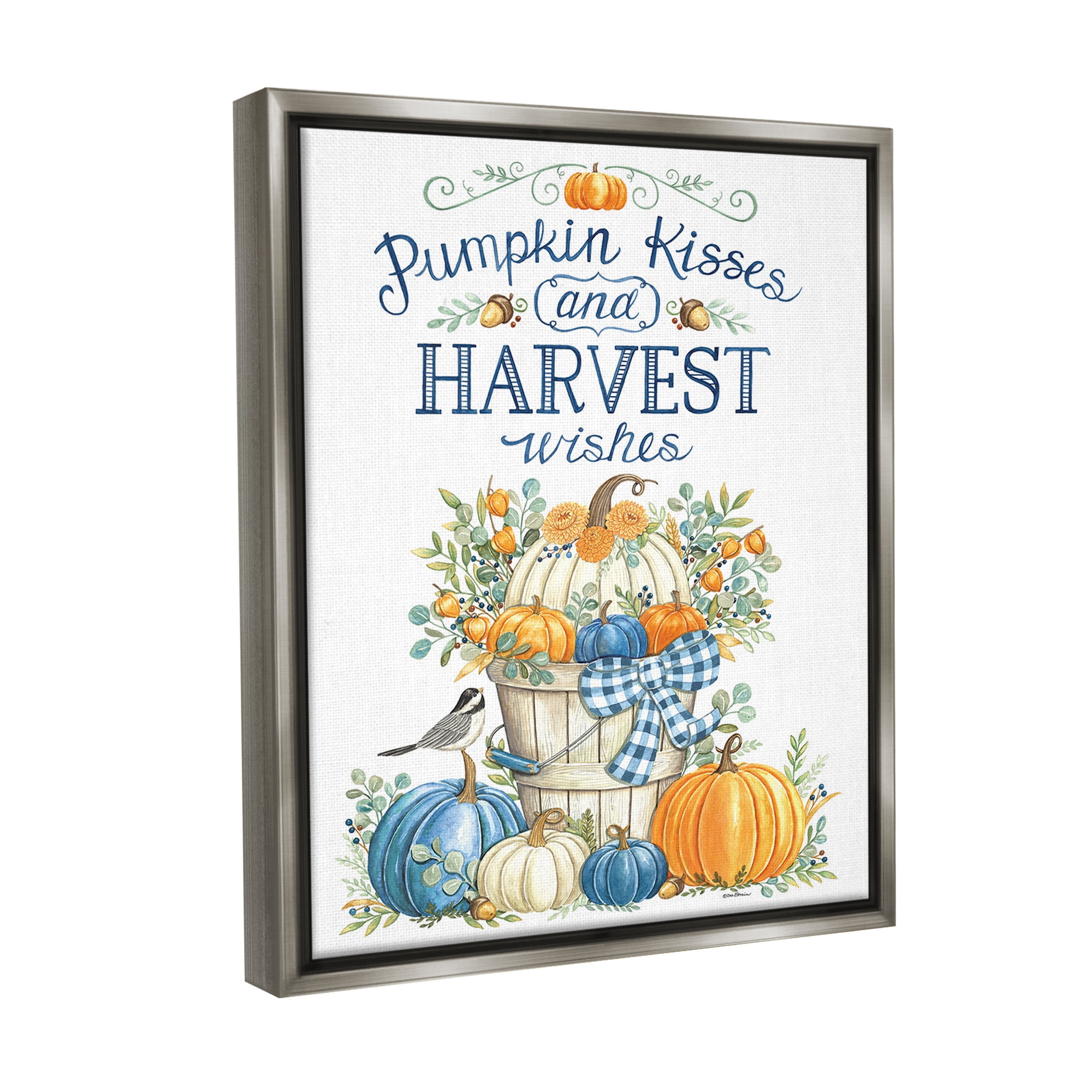 Stupell Industries Harvest Wishes Pumpkins Holiday Painting Gray Floater Framed Canvas Art Print Wall Art, 25 x 31