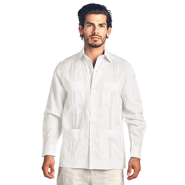 Vkwear Men S Premium Cuban Beach Long Sleeve Button Up Linen Guayabera Dress Shirt White L Walmart Com Walmart Com