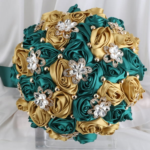 XmhyTop Ramo de novia para boda, dama de honor, rosa de satén, perlas artificiales, cintas de satén, ramo de flores para boda, verde y dorado