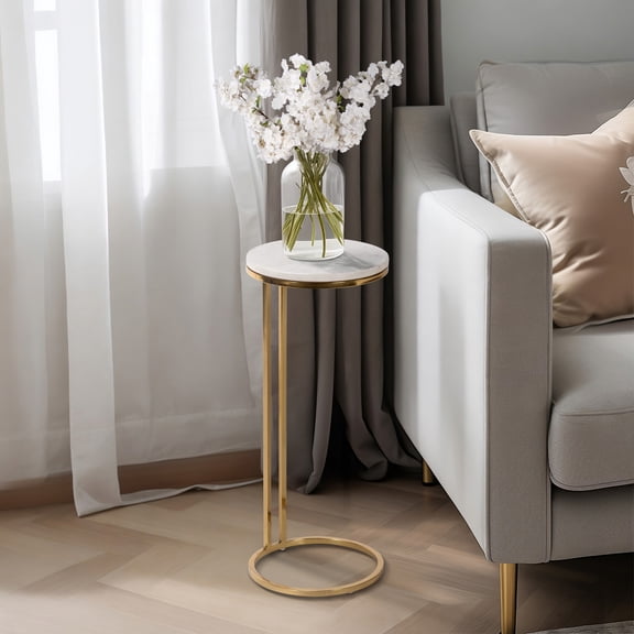 Round End Side Table or Small Night Stand for Living Room Accent - Metal Drink Table with Marble Top for Bedside and Home Decor - Space-Saving Display for Small Spaces Styling  - 24" White & Gold