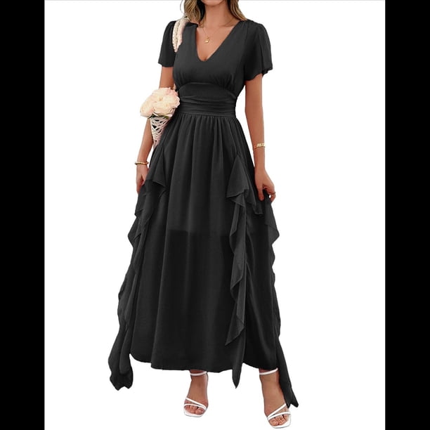 Vestidos Midi Holgados de Verano para Mujer, Informales, con Escote en V, Volantes, Corta, Dobladillo Irregular, Cintura Alta Negro M