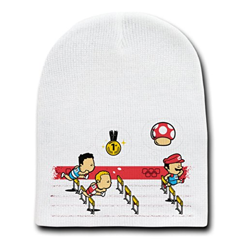 Mega Mario Video Game Parody White Adult Beanie Skull Cap Hat