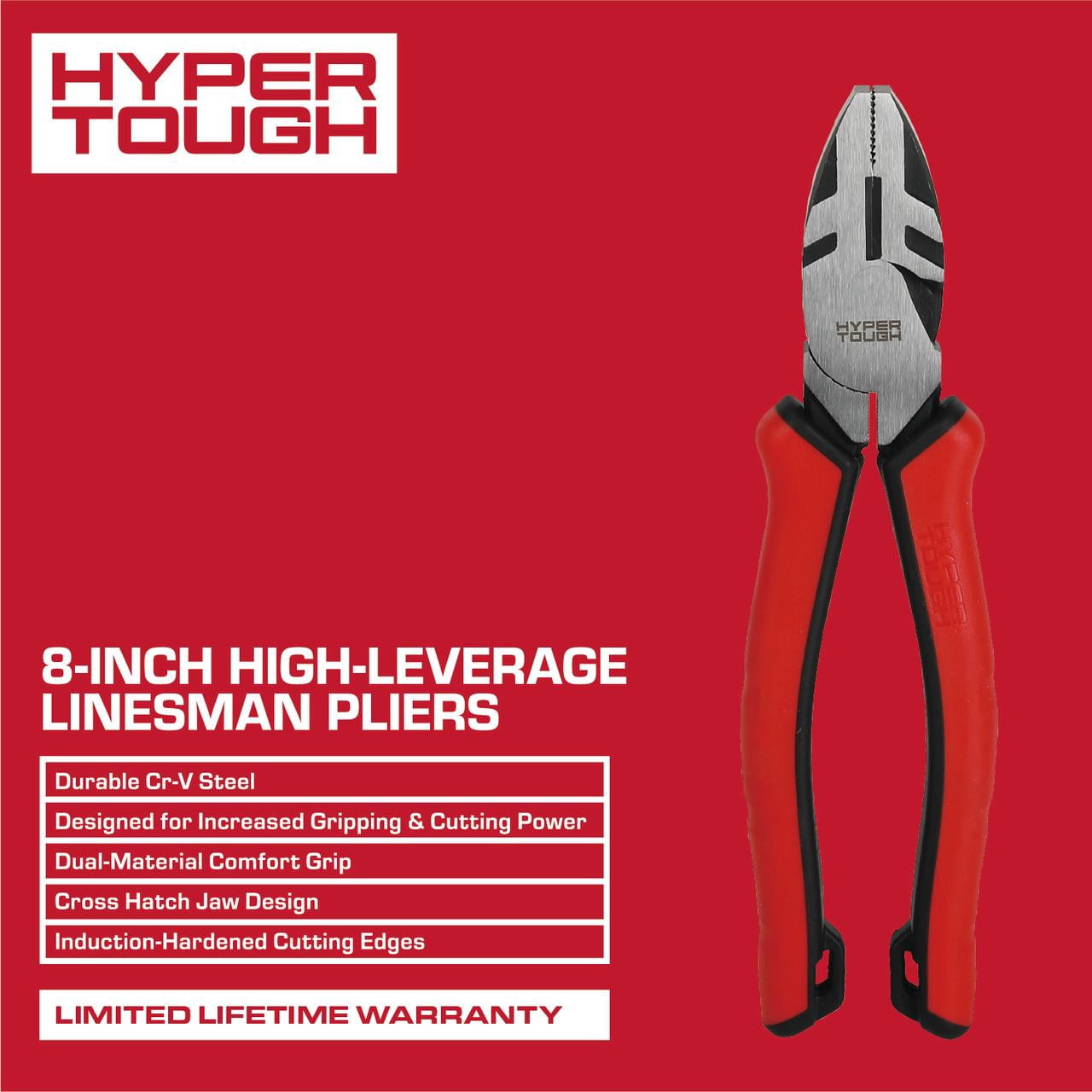 Hyper Tough 8-inch High Leverage Linesman Pliers with Dual Material Comfort Grips