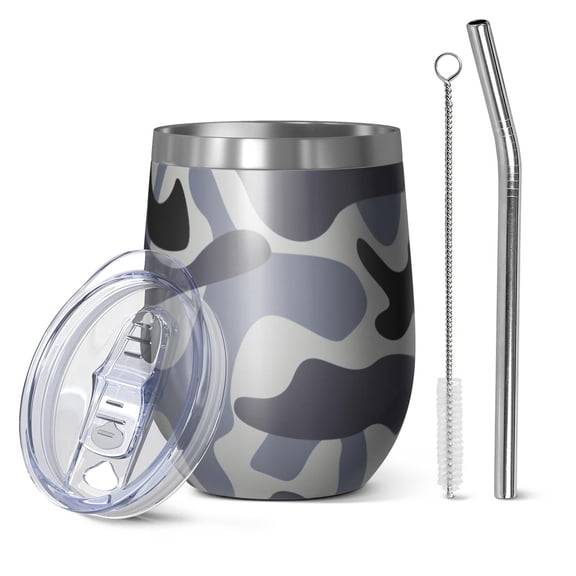 Camouflage 12oz Stainless Steel Insulated Wine Tumbler with Lid and Straw – Double Wall Vacuum Mug for Hot & Cold Drinks, 304 Steel Interior, Sweat-Free Design