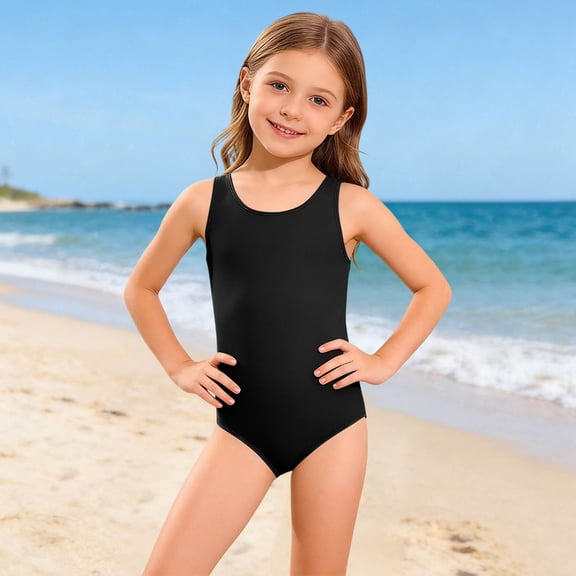 EliteGoogv One Piece Swimsuit Girls Solid Color Sleeveless Design Tankini Set Minimalist Classic Style Beach Swimming Bathing Suit,Black,S