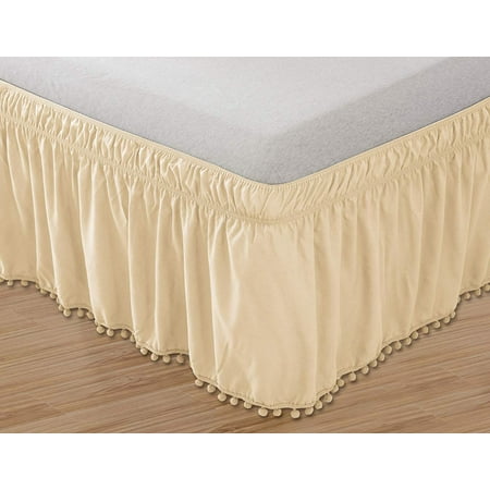 Elegant Comfort Luxury Top-Knot Tassle PomPom Fringe Ruffle Bed Skirt -Wrap Around Style- Elastic Bed Wrap- Wrinkle Resistant 16inch Drop, Queen/King, Cream
