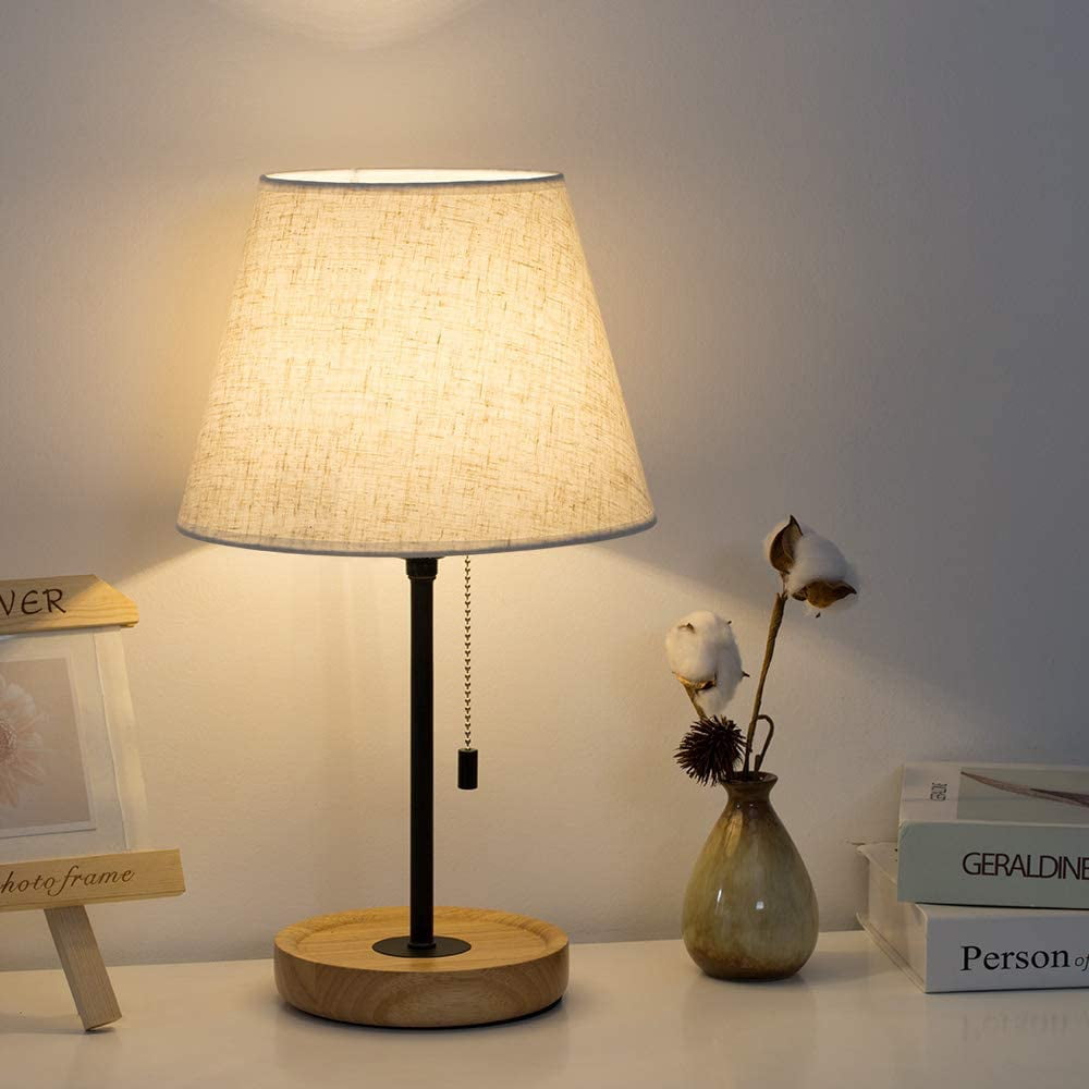 Vintage Black Bedside Nightstand Lamps with Wooden Base Set of 2
