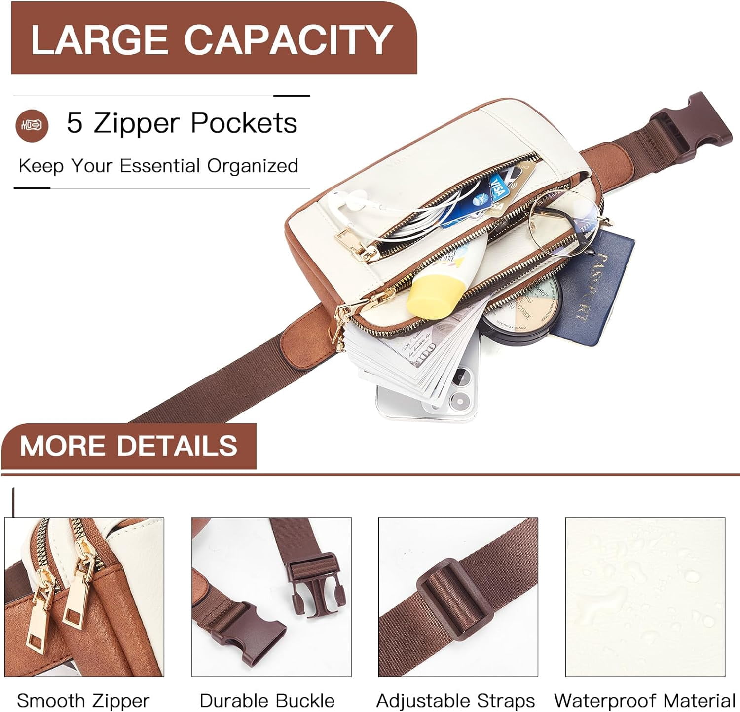 Fanny Packs for Women Cross Body Bag Leather Belt Bag Fashionable Waist Bag with Adjustable Strap Beige Brown