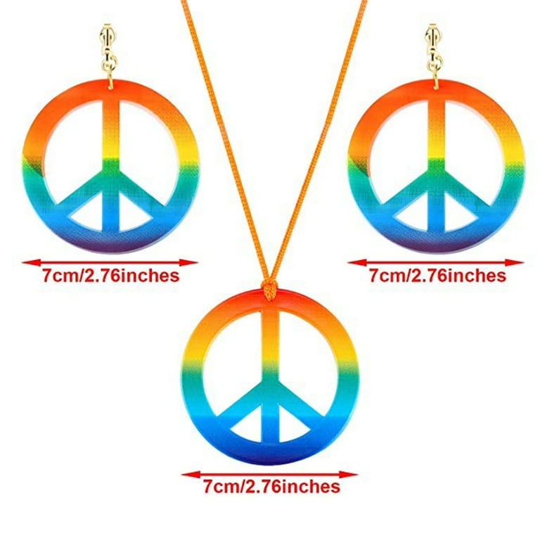 60s 70s Rainbow Peace Sign Pendant Necklace Earrings Hippie Costume Jewelry Set Decoration Festival Gift for Girls Women