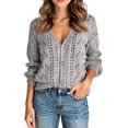 thumbnail image 2 of Women's Solid Color Long Sleeve Cutout V-Neck Knitted Cardigan Sweater for Fall and Winter, Cozy and Fashionable, Perfect for Layering,Gray,Size L, 2 of 7