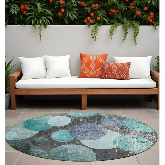 HomeRoots 562940 8 ft. Round Gray Blue & Purple Round Abstract Washable Non Skid Indoor Outdoor Machine Woven Area Rug