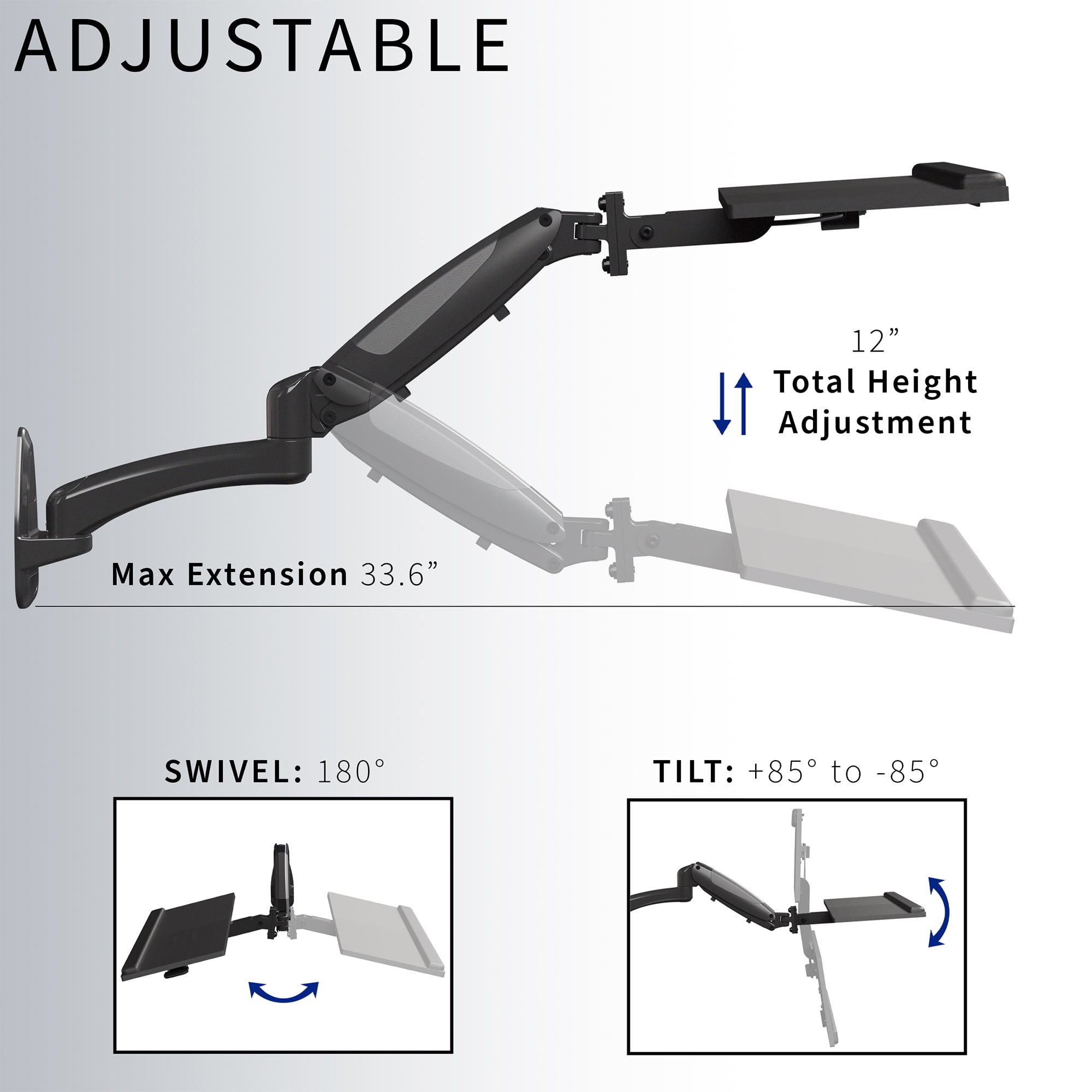 VIVO Pneumatic Keyboard & Mouse Platform Wall Mount, Keyboard Tray Arm