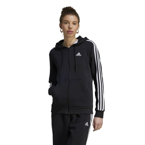 adidas 3-Stripes Fleece Full Zip Hoodie (Womens, Black/White 1, LG, One Size)