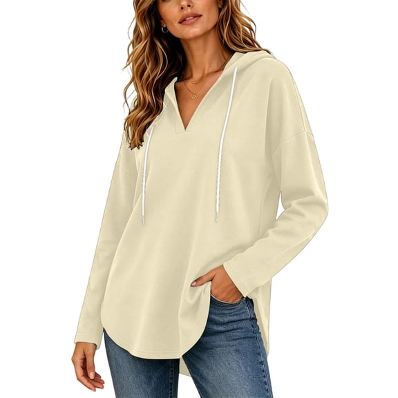 DailyTrove Women Longline V Neck Hoodie Curved Split Hem Drawstring Oversized Solid Fleece Tunic Sweatshirt