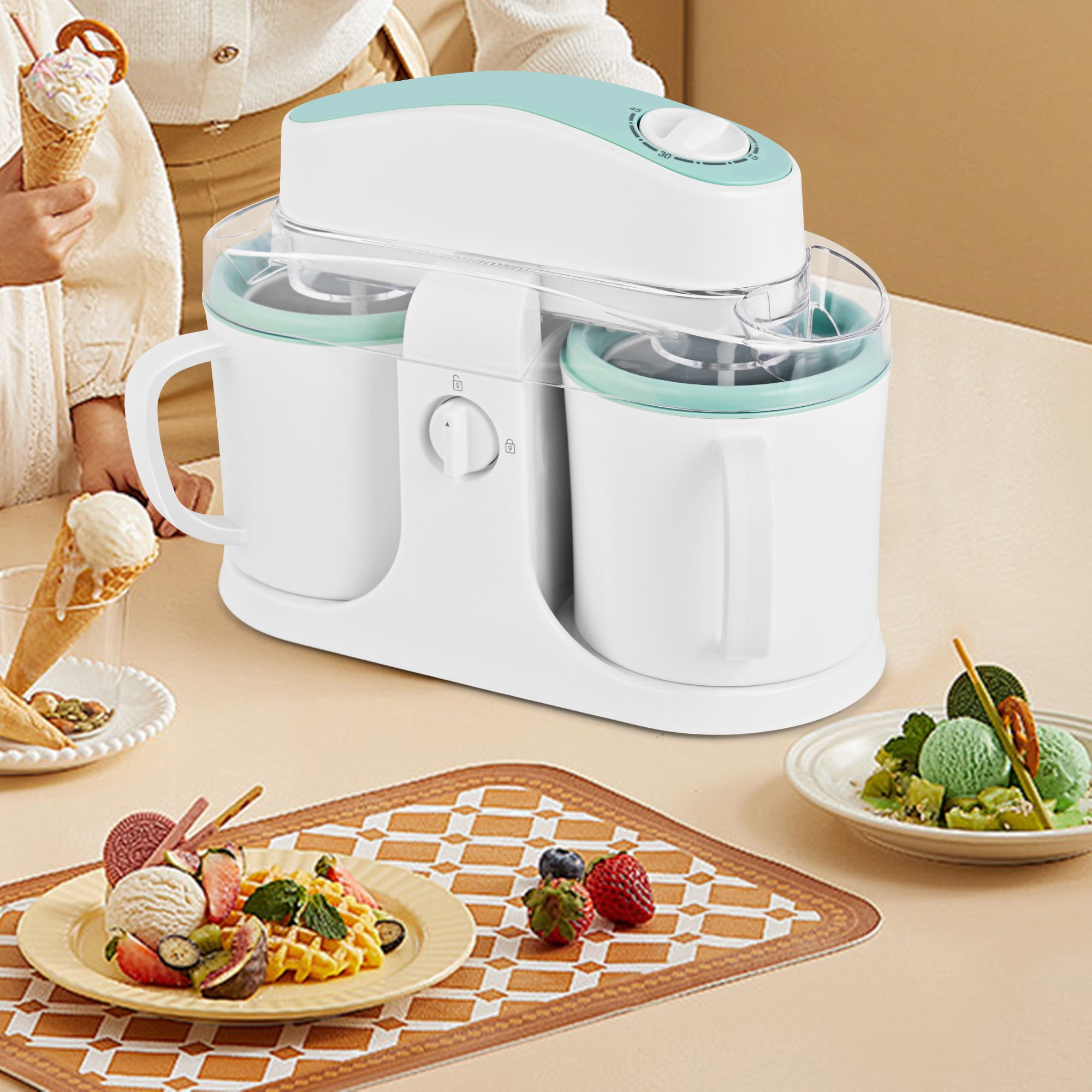 SUSTEAS Ice Cream Maker Machine for Home Use, with Two Ice Cream Bowls,Simple Operation and Easy to Clean,White Green