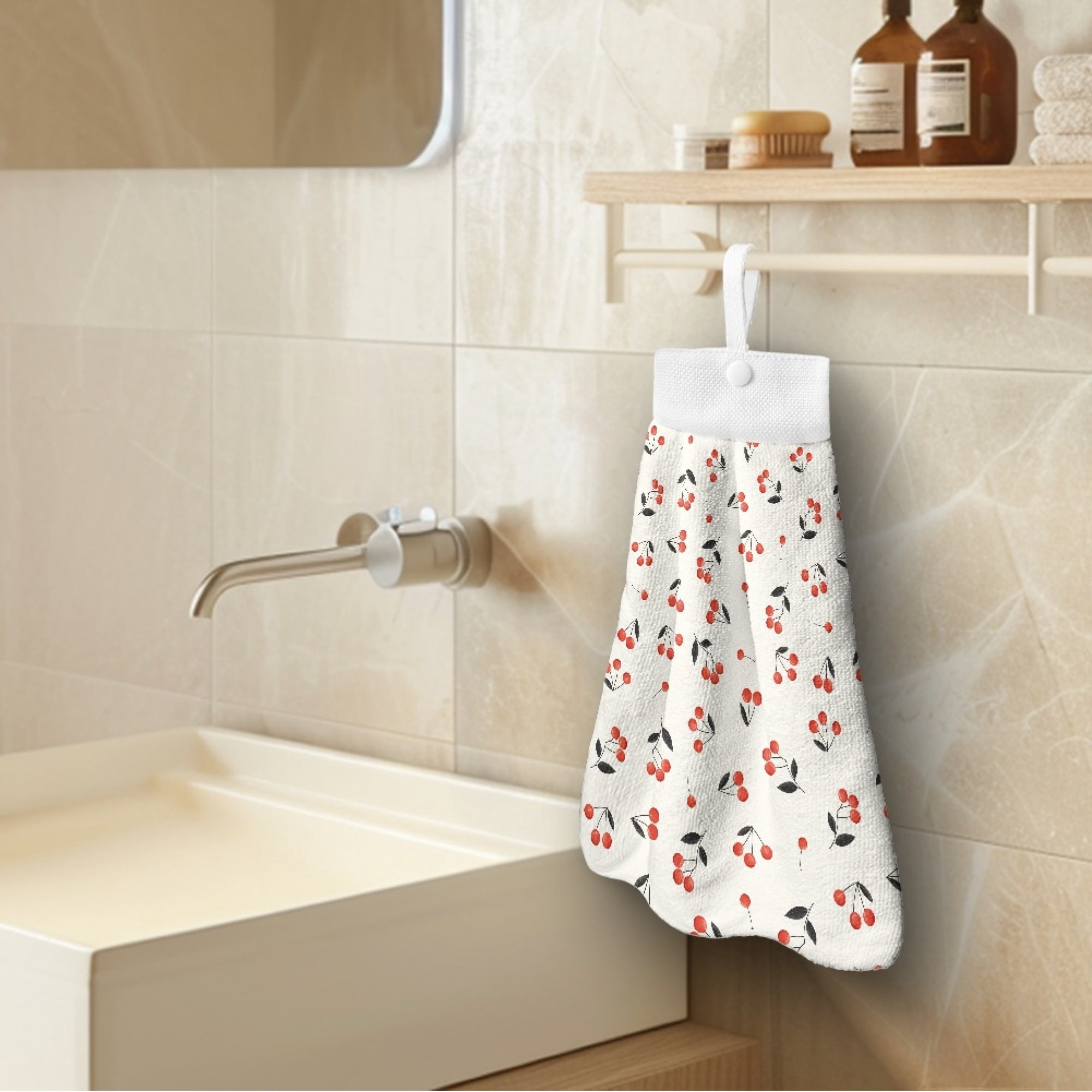 ZIATUBLE Cherry Hanging Kitchen Dish Towel Absorbent Hand Towels with Hanging Loops Bathroom Washcloth Pack of 2 Lightweight Hanging Dish Towels Elastic Kitchen Hand Towels and Washcloths