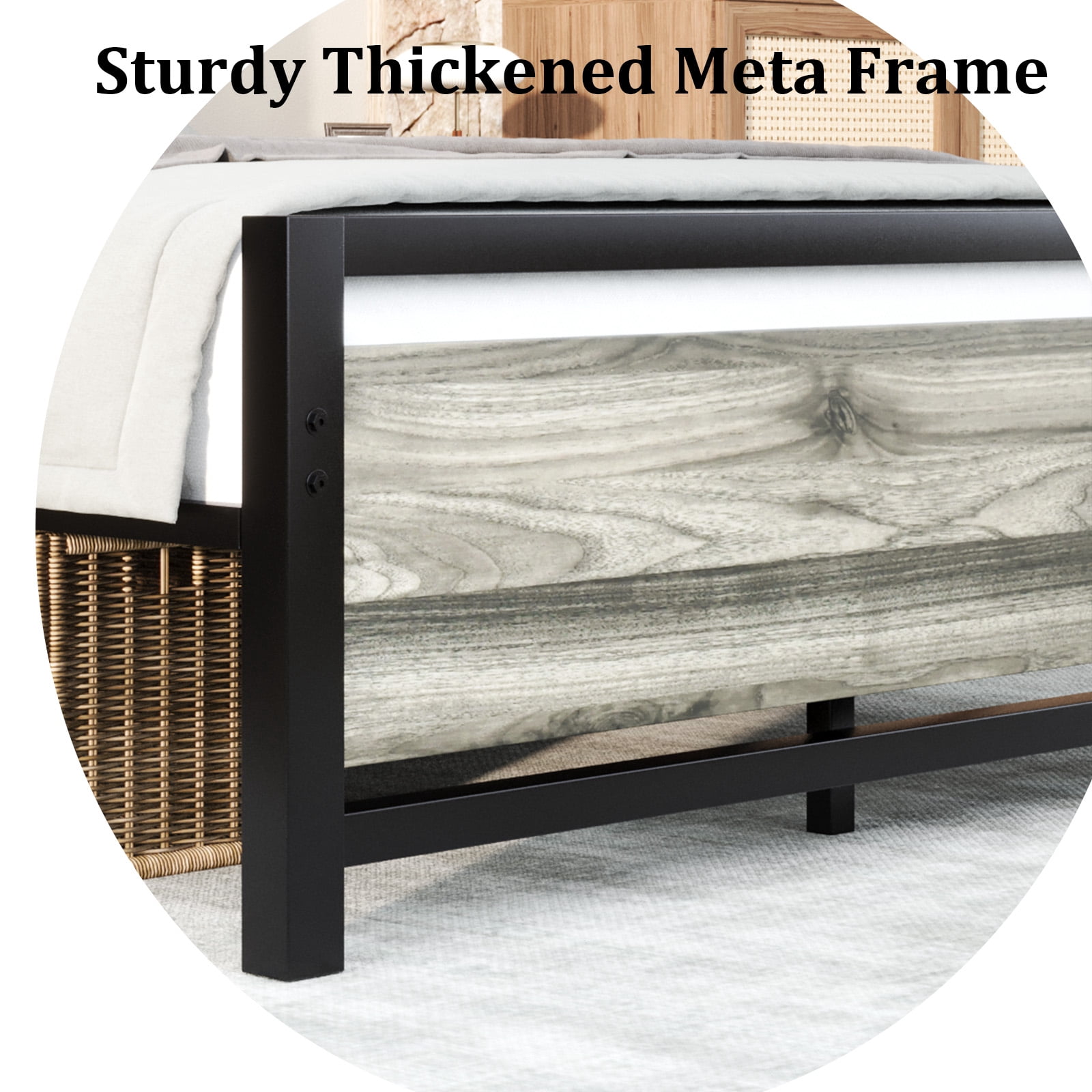 4 EVER WINNER Full Bed Frame with Headboard, Industrial Style Bed Frame Full Size, Full Size Bed Frame with Wooden Footboard, No Box Spring Needed, Noise-Free, Easy Assembly, Grey