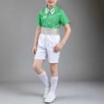 thumbnail image 2 of ZACPNCV Boys Sequined Formal Performance Outfit Set Short Sleeve Collared Top with Rhinestone Waistband Shorts Kids Stage Show Clothing Set 3-4Years A-Green, 2 of 7
