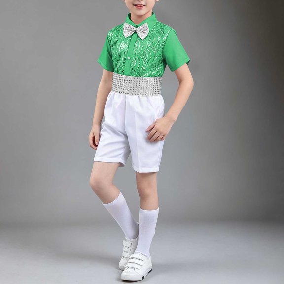 Xdegoge Kids Boys Sequins Dance Outfits Child Short Sleeve Dress Shirt and Elastic Waist Shorts Set with Bow Tie Cummerbund formal Performance Costume Party Wedding Sets