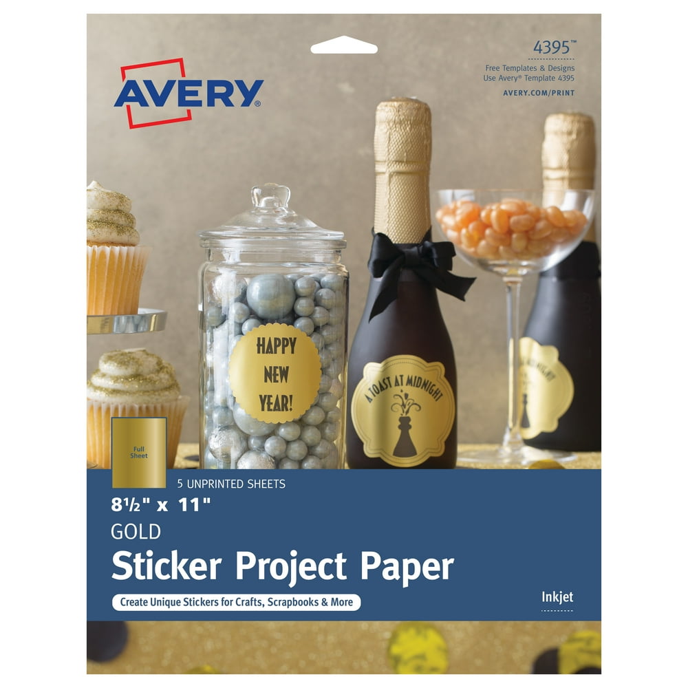 Avery Printable Sticker Paper, 8.5" x 11", Gold, Inkjet Printer, 5