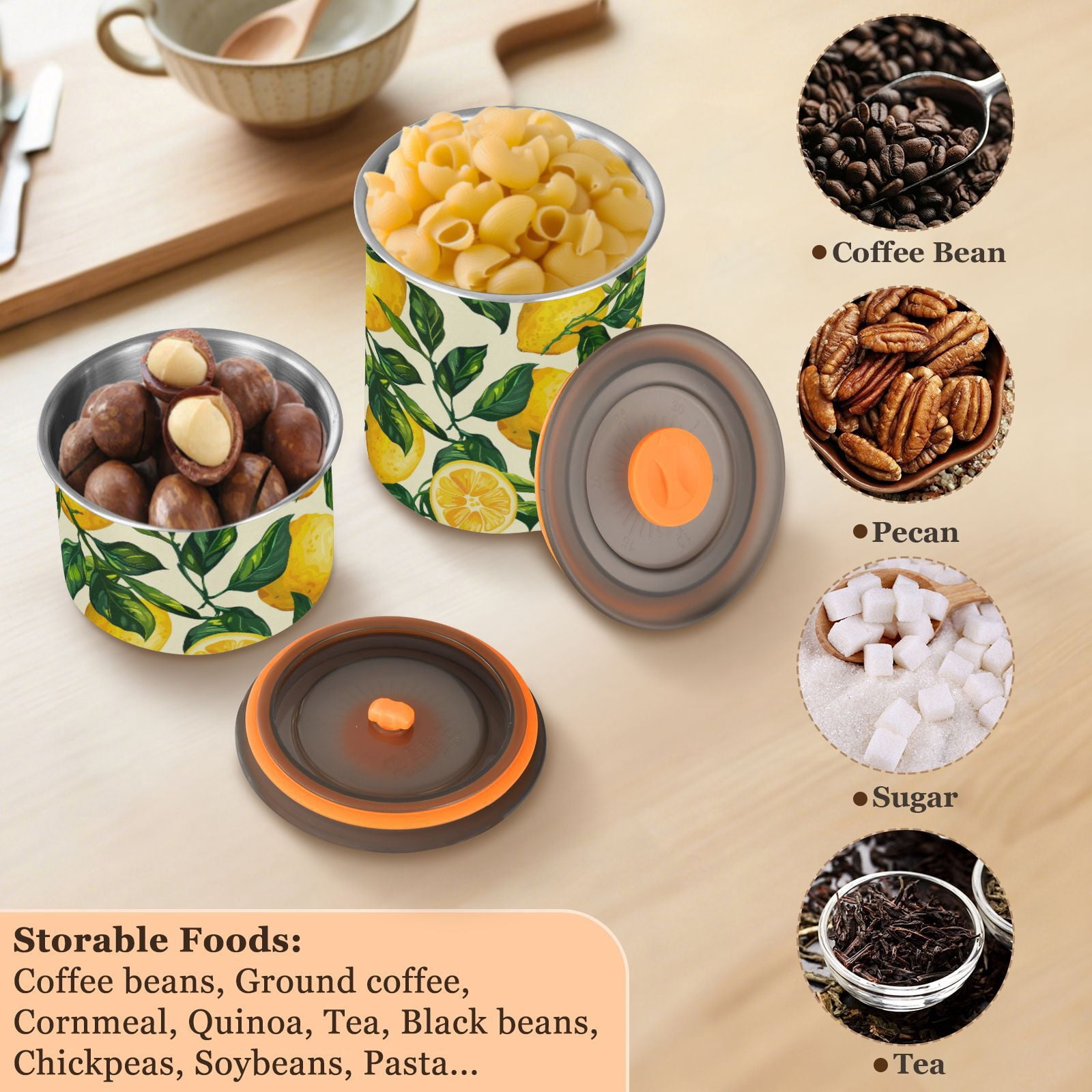 Lemon Leaves Airtight Coffee Bean Canister 30oz Food Storage Containers with Lids For Gournd, Tea, Sugar, Flour, Rice, Cereal, Candy Cookie Jar