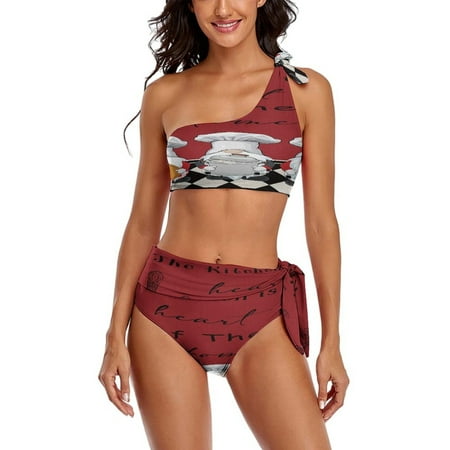 Kitchen Chef Red White Black Plaid One Shoulder Bowknot Swimsuit Two Piece Swimsuit Knot Crop Top Bikini High Waisted Bathing Suit