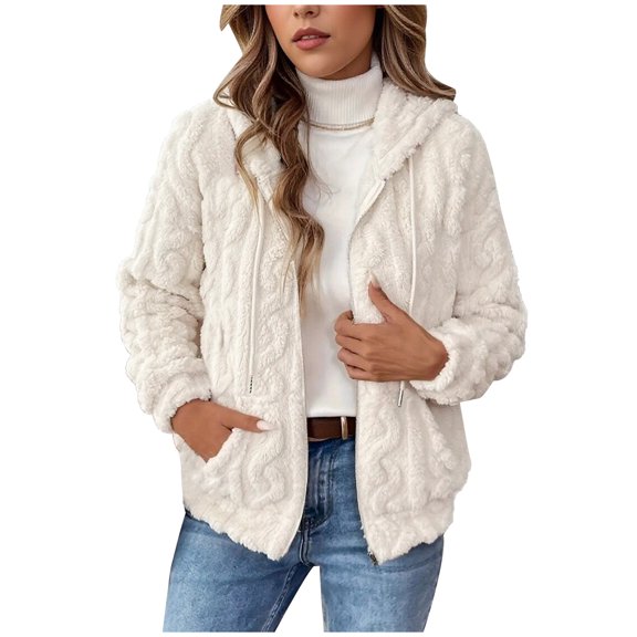 Wutalume Women's Plush Jacket, Casual Solid Color Hooded Drawstring Jacket, Jacquard Design for Fall and Winter, Soft and Warm, Perfect for Relaxed Fit and Comfort,Beige L