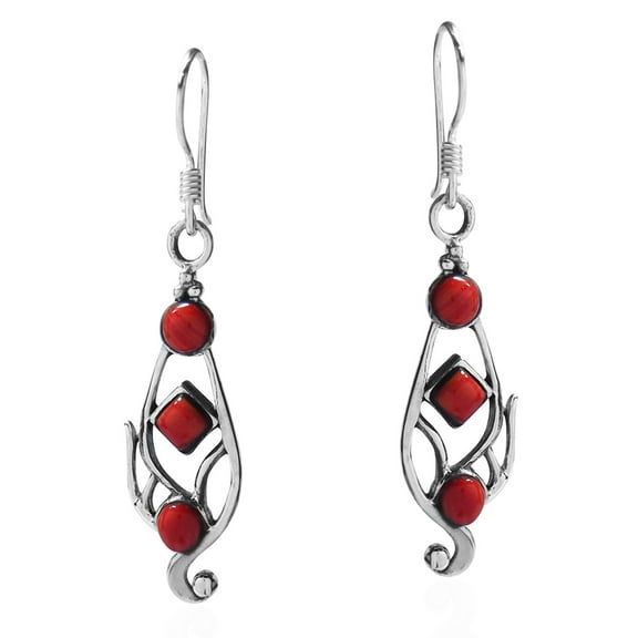 Vintage Swirl Reconstructed Coral Accented .925 Sterling Silver Dangle Earrings