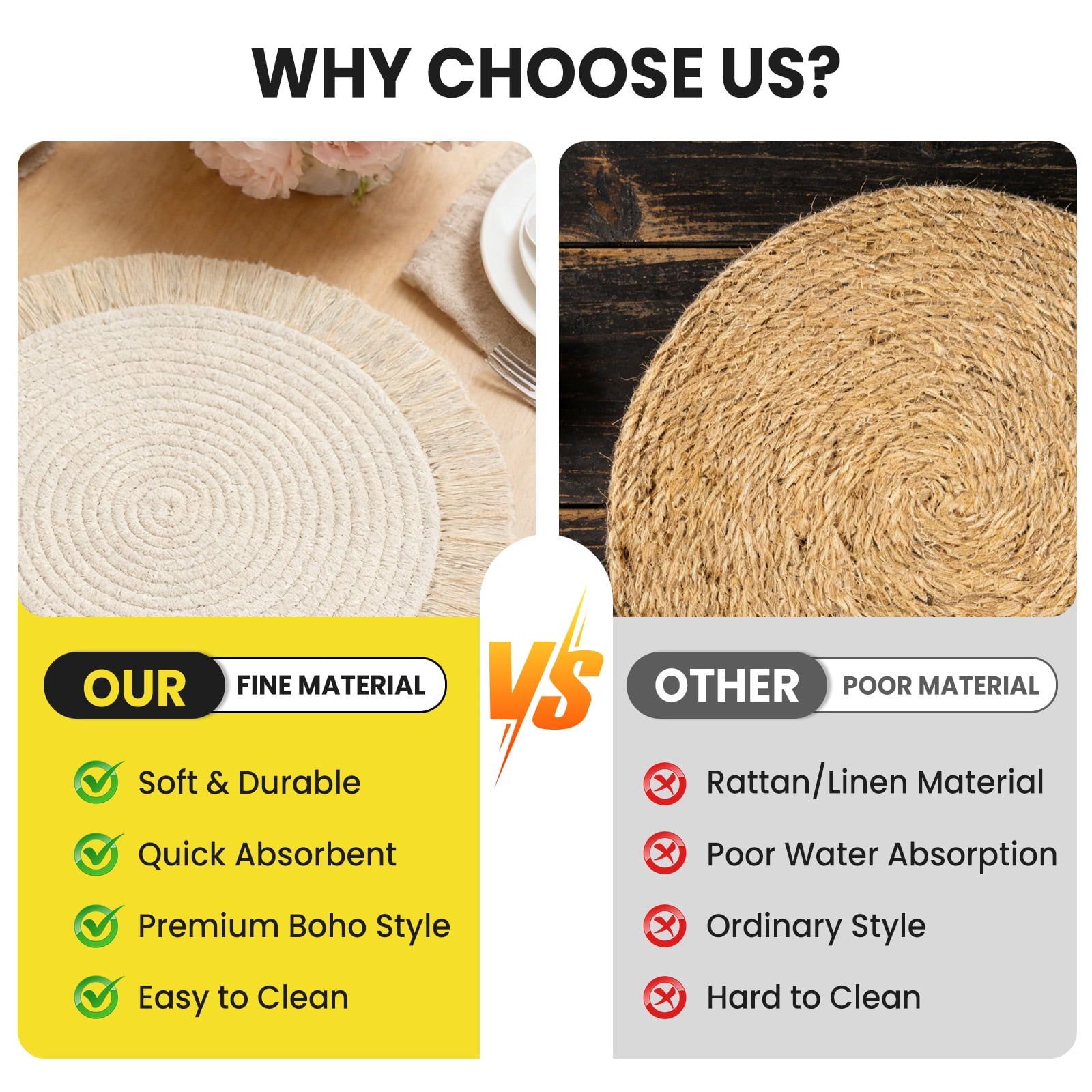 Garvee 8 Pack Boho Round Cotton Placemats with Tassels, 13 Inch Farmhouse Woven Table Mats, Rustic Natural Dining Table Decor for Kitchen, Wedding, Party & Indoor Outdoor Use