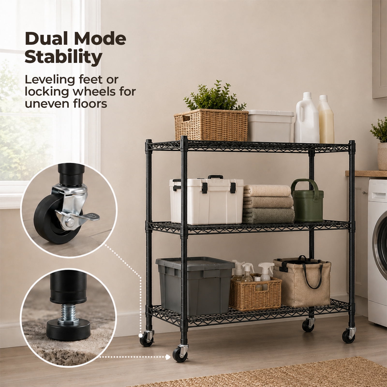 Alvantor 3/4/5 Tier Heavy Duty Adjustable Metal Shelf with Wheels, No-Tool Assembly, Suitable for Garages, Kitchens, Storage Rooms, Laundry Rooms and Offices