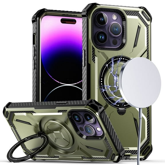 MagSafe Compatible Military Grade Hybrid Case with Kickstand Ring Holder for iPhone 15 - Green