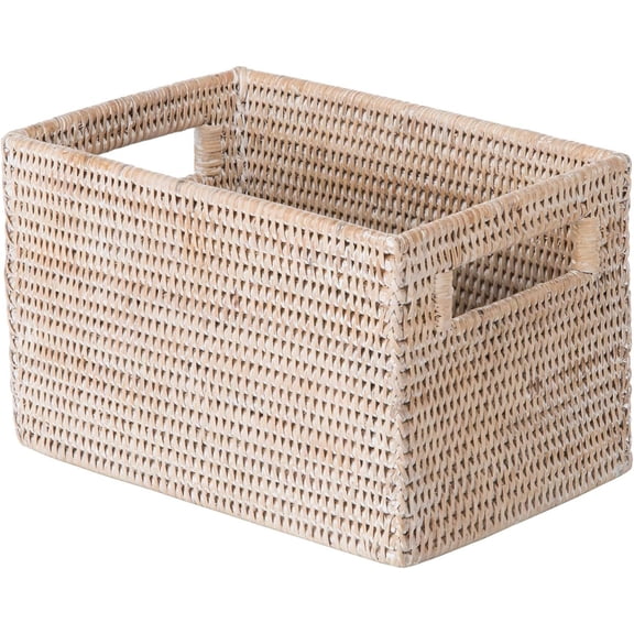 La Jolla Rattan Shelf Handles, Small, White-Wash Storage Basket