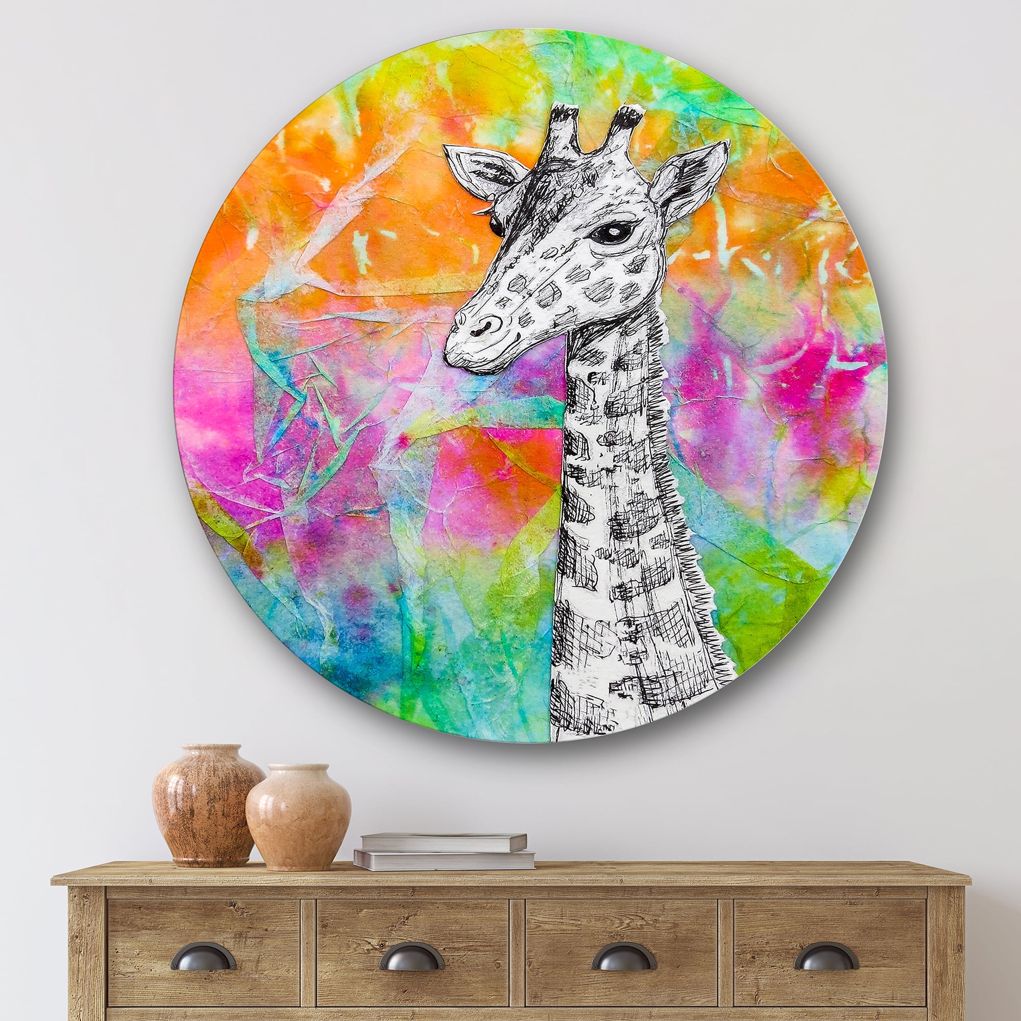 Designart 'Monochrome Giraffe Drawing On Bright Rainbow' Children's Art Circle Metal Wall Art 29x29 - Disc of 29