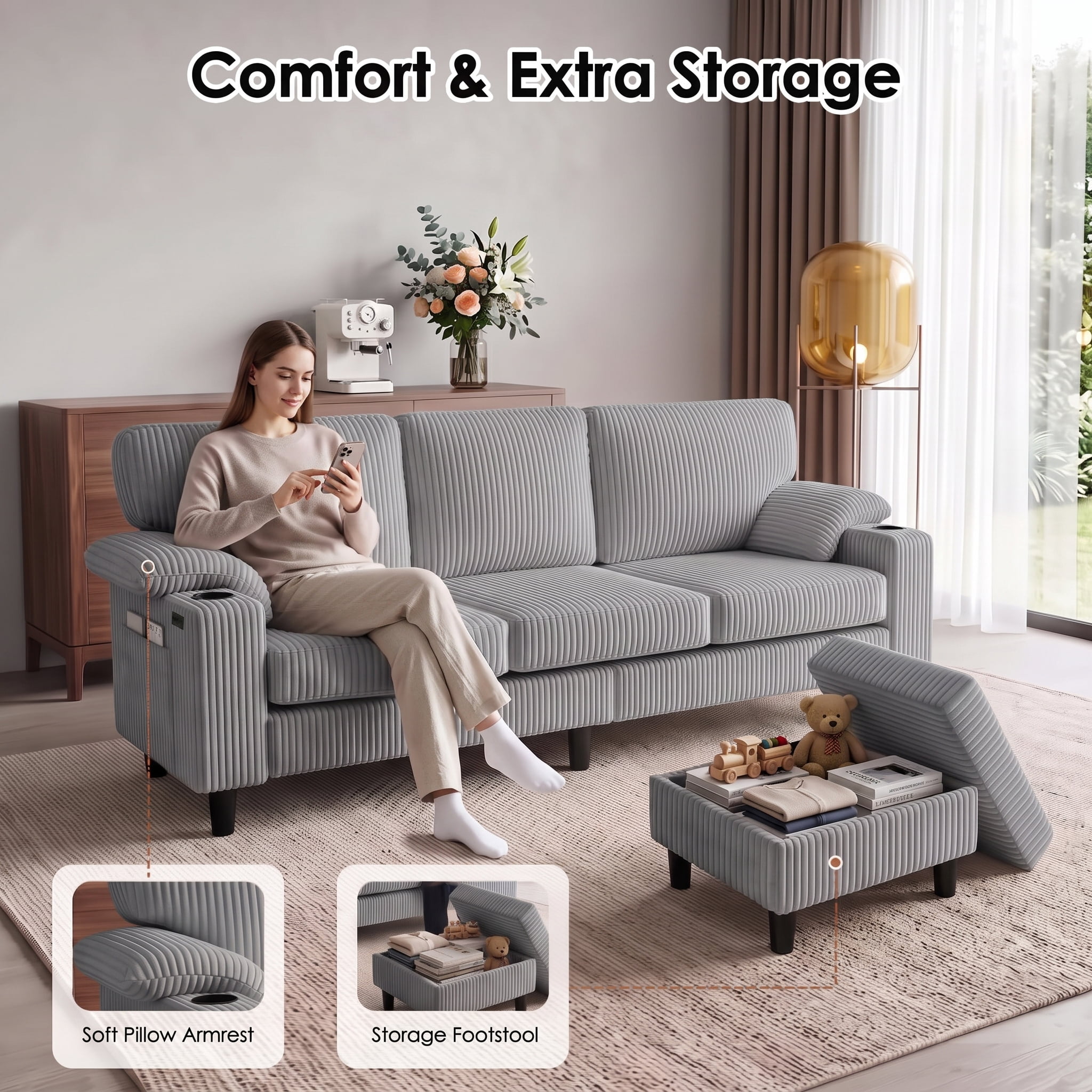Anpport 80" L‑Shaped Corduroy Sectional Sofa, 3‑Seater Couch with Storage Ottoman, USB Port & Cup Holders for Small Spaces, Light Gray