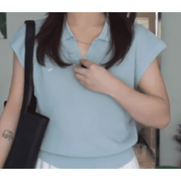 Blue v-neck short-sleeved square shoulder polo shirt female summer ice silk knitted t-shirt loose thin lapel small fly-sleeved blouse