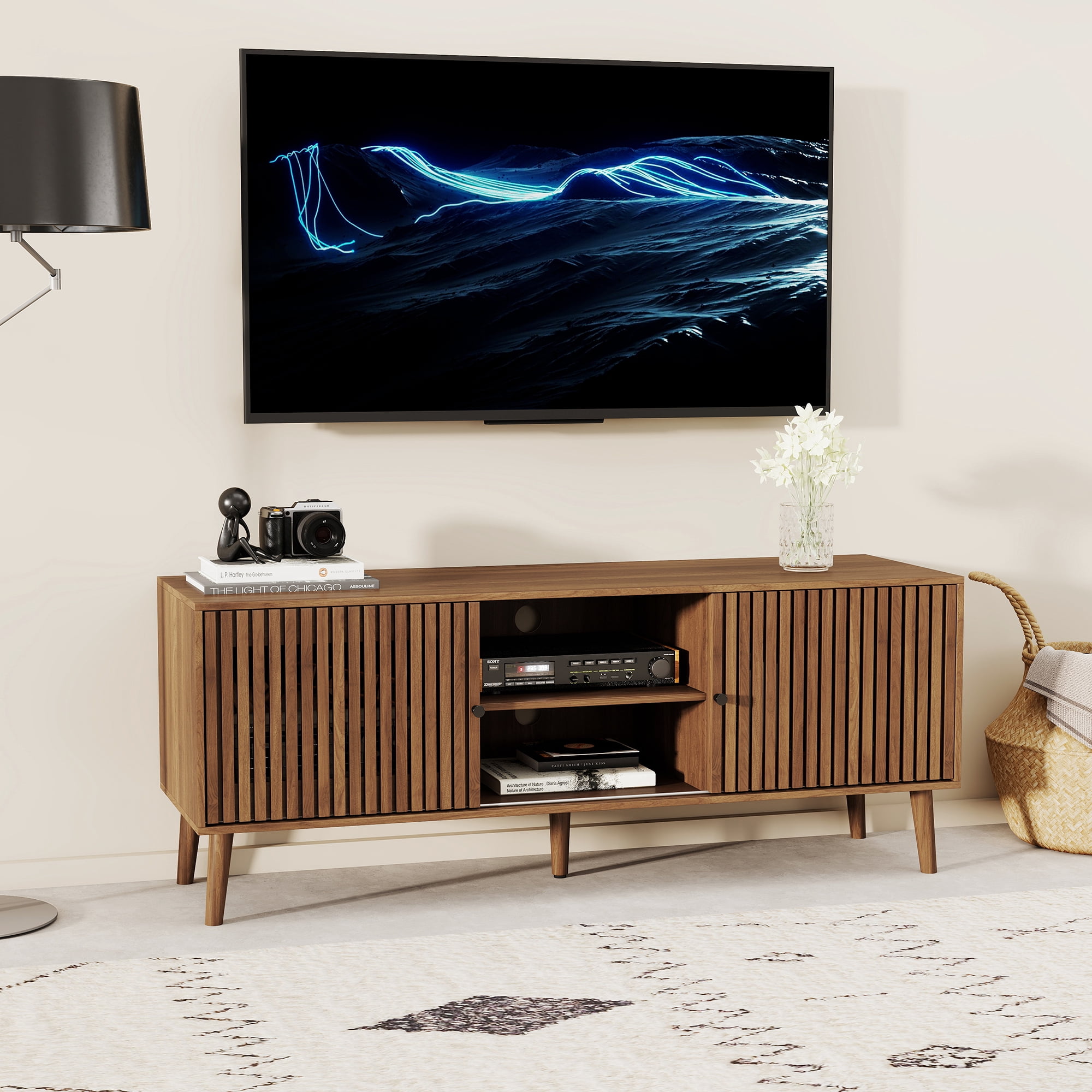 Oubayajia Mid-Century Modern 51" TV Stand for TVs up to 60”, Wood TV Console with Waveform Sliding Doors and Storage, Entertainment Center for Living Room Bedroom, Walnut
