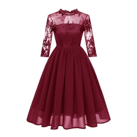 Phoebecat Cocktail Dress for Women, Women's 3/4 Sleeves Vintage Floral Lace Prom Dresses for Ladies, Wine Red Summer Elegant Evening Party Formal Wedding Midi Swing Dress for Juniors, S-2XL