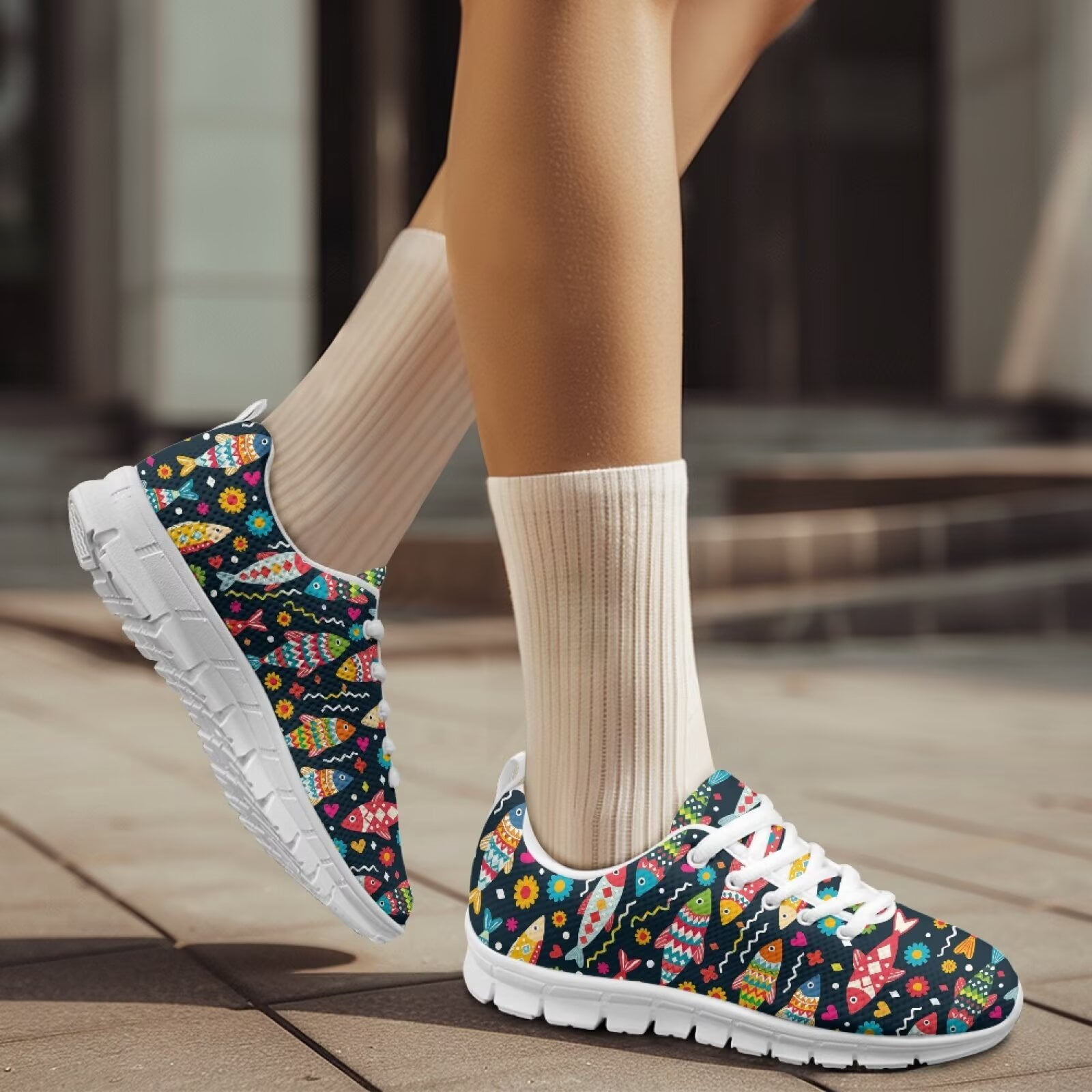 COEQINE Women Sneakers Girls Running Athletic Footwear Anti-Slip Mens Tennis Shoes for Indoor Outdoor Soft Training Shoes, Colorful Fish Hippie Flower