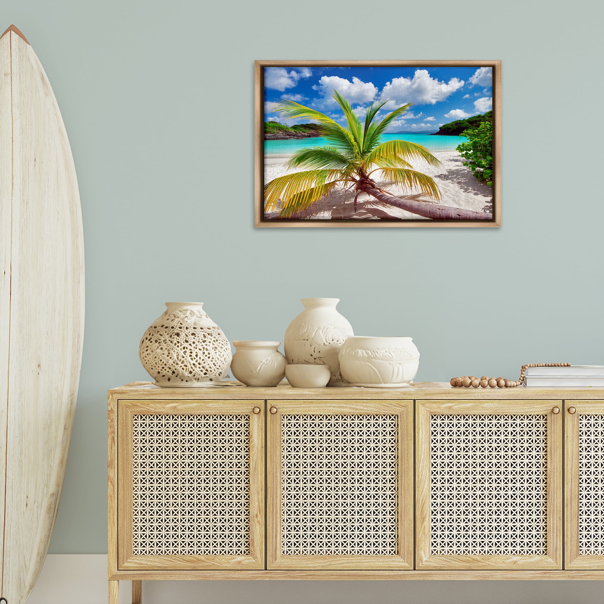 Stupell Industries Palm Tree Across Beach Coastal Photography Brown Floater Framed Canvas Art Print Wall Art, 31 x 21