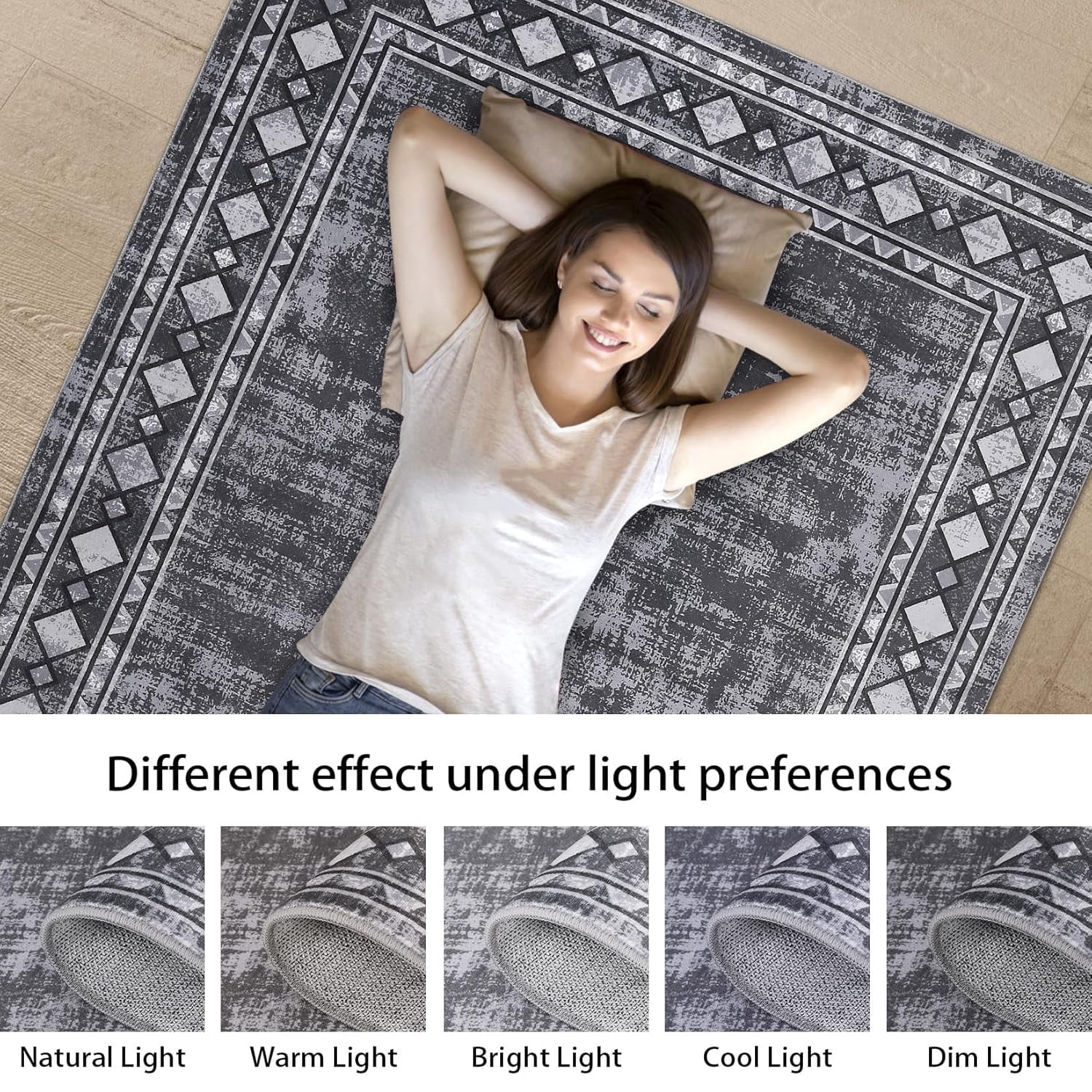 Shininglove Modern Bordered Area Rugs 5x7ft for Living Room, Machine Washable Low Pile Carpet with TPR Non-Slip Backing for Home Office(Grey)