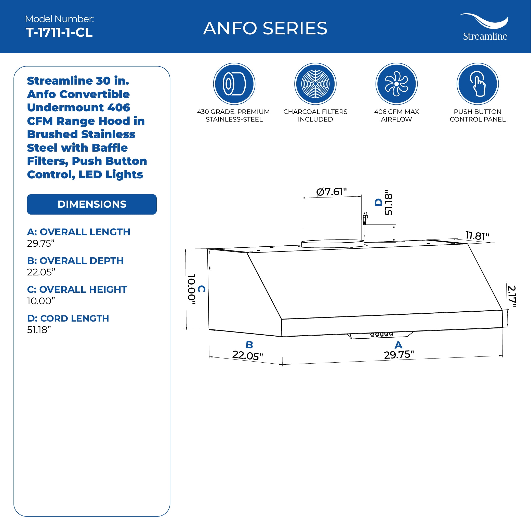 Streamline 30 in. Anfo Convertible Undermount 406 CFM Range Hood in Brushed Stainless Steel with Baffle Filters, Push Button Control, LED Lights