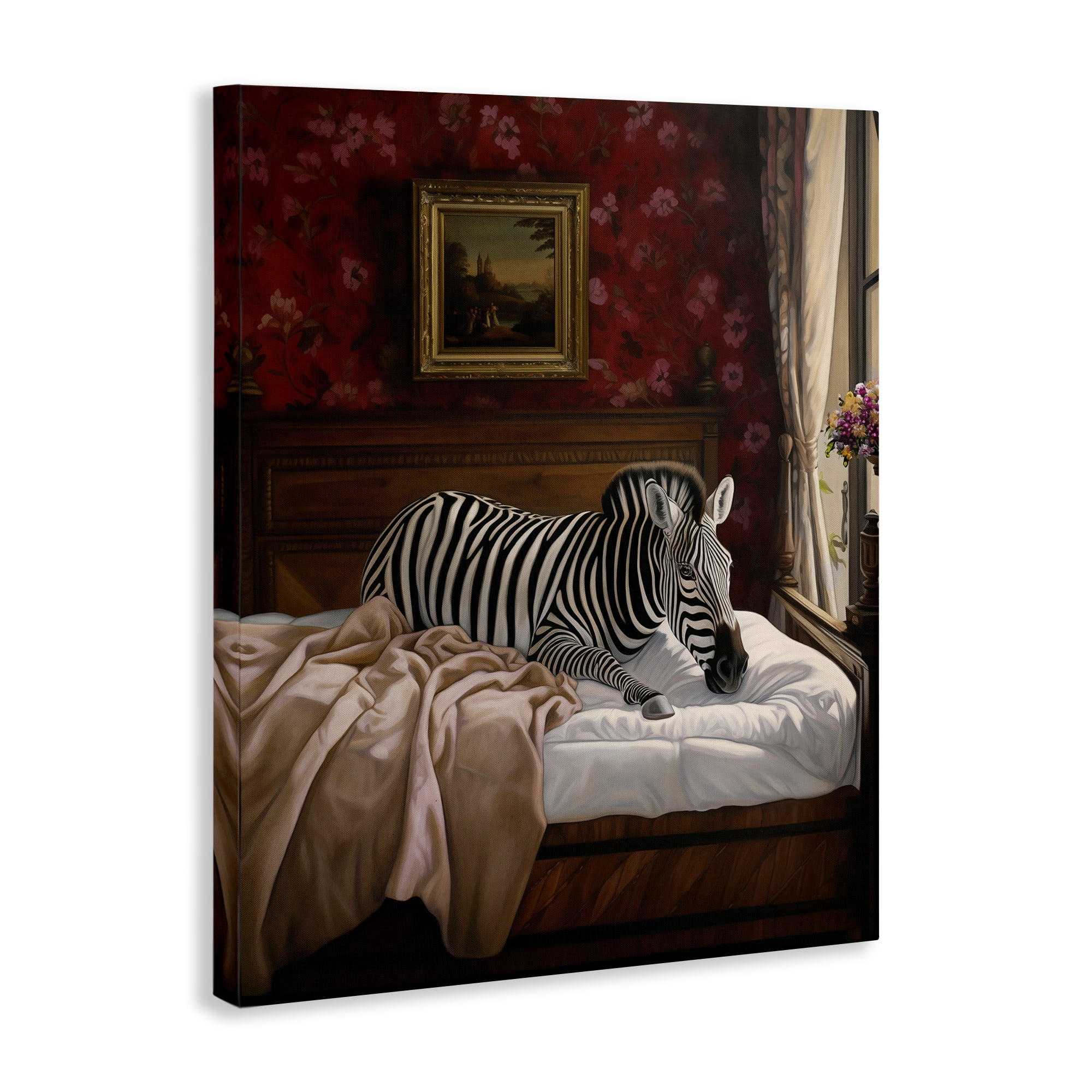 Stupell Industries Zebra on Regal Bed Animals Painting Wrapped Canvas Art Print Wall Art, 36 x 48