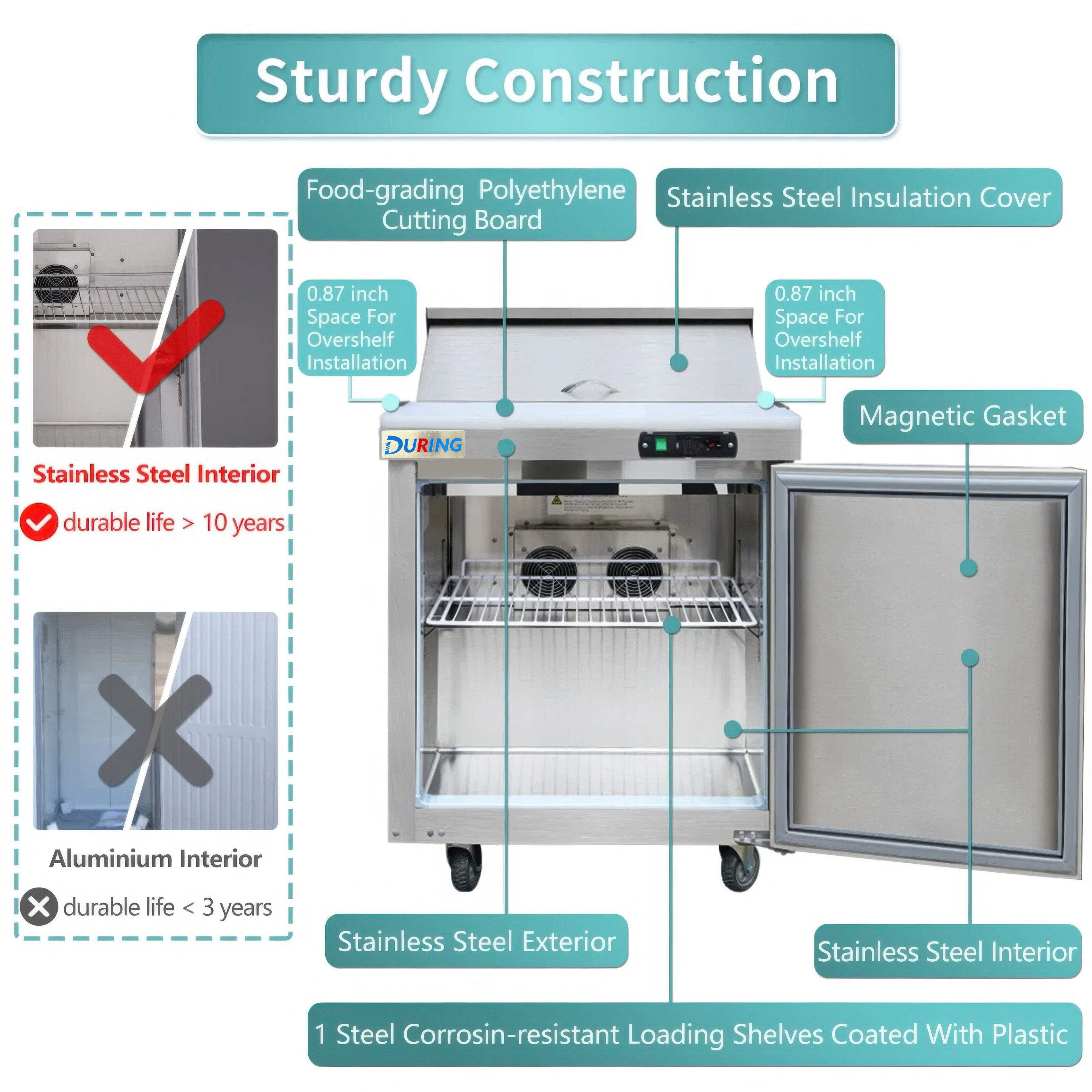 DURING D-KSR-27B 27" 1-Door Sandwich  Salad Prep Table Commercial Refrigerator in Stainless Steel